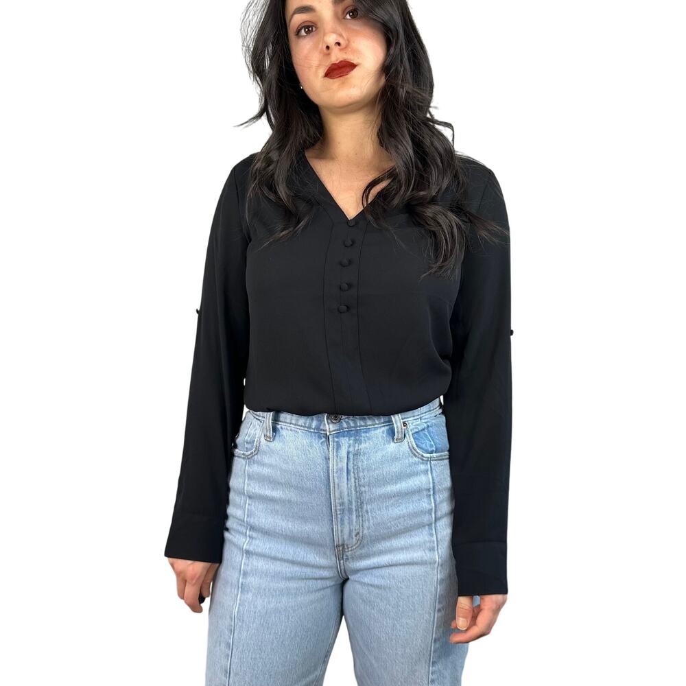 Express Black Faux Button Down Roll Tab Sleeve Blouse